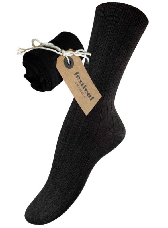 Bambus strømper ribstrikket sort fra Festival